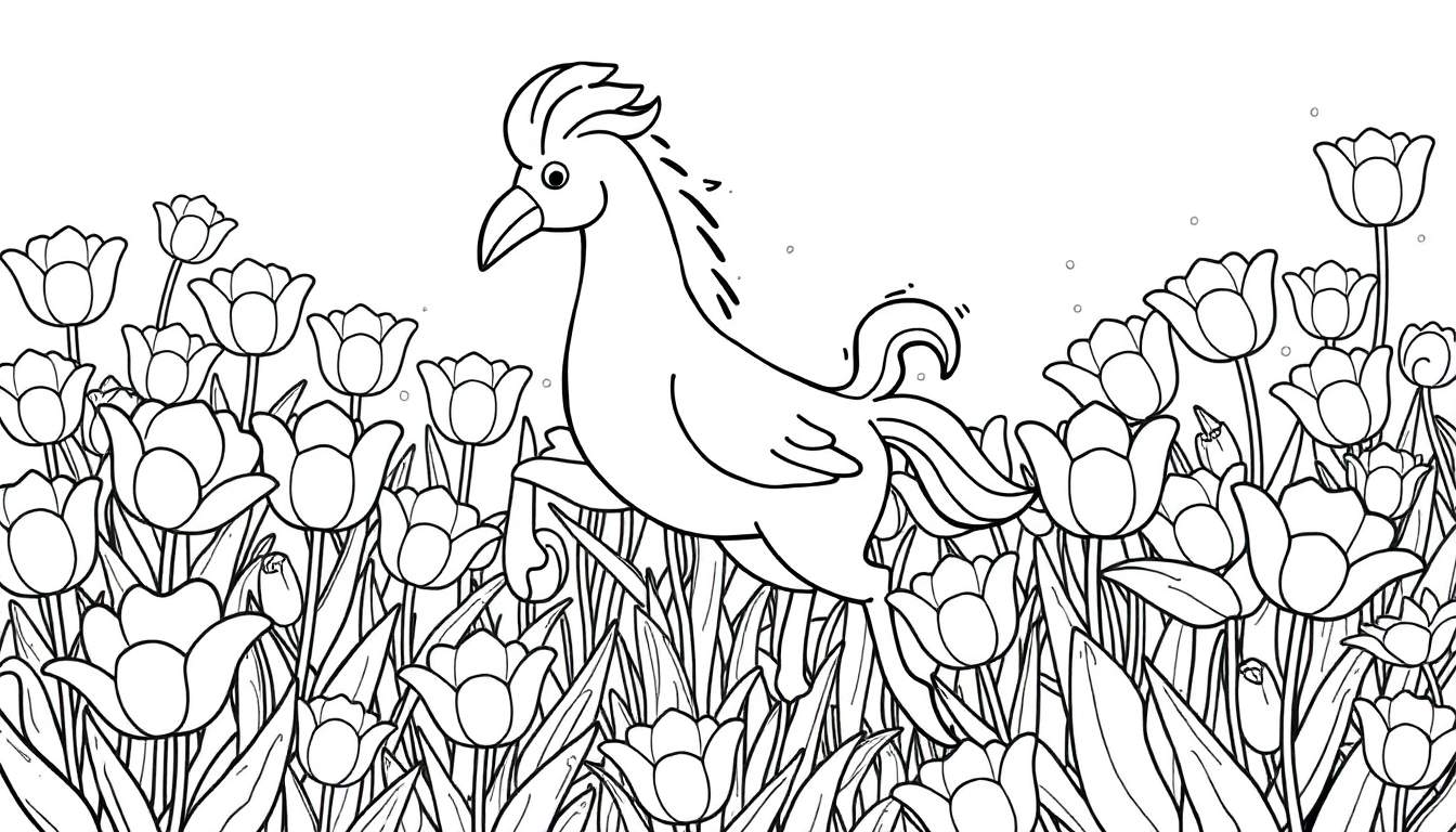 Uma criatura fantástica com cabeça de galo e corpo de cavalo galopando em um campo de tulipas, desenhada em preto e branco como uma página de colorir.