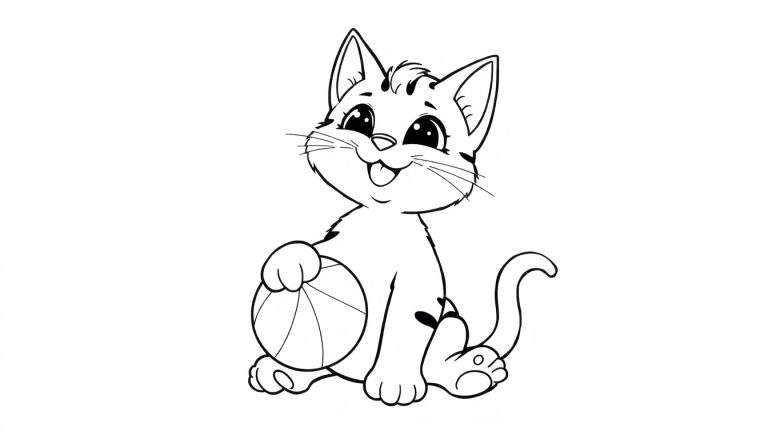 Um desenho de um gato preto e branco a jogar com uma bola de basquetebol. O color panel está desenhado com linhas grossas e claras.