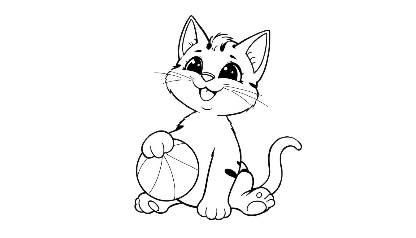 Um desenho de um gato preto e branco a jogar com uma bola de basquetebol. O color panel está desenhado com linhas grossas e claras.