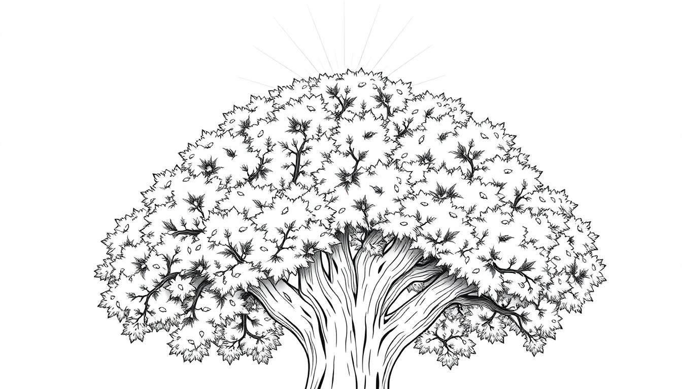 Uma ilustração em preto e branco de uma árvore grande e frondosa com raios de sol filtrando por suas folhas, em um estilo linear detalhado.