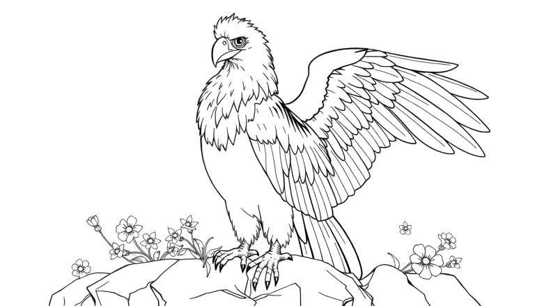 Um desenho em preto e branco de um grifo em pé sobre uma rocha com flores na base.