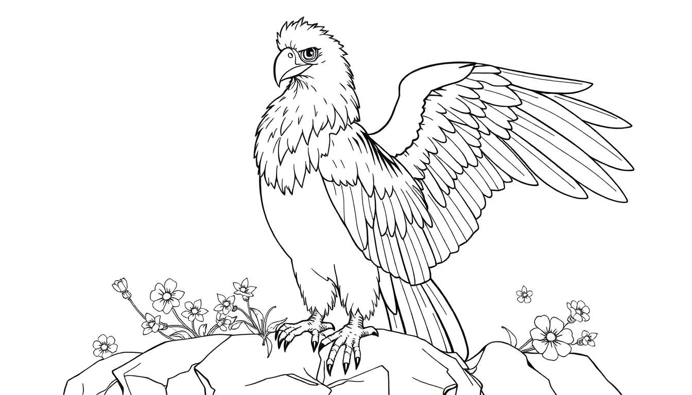Um desenho em preto e branco de um grifo em pé sobre uma rocha com flores na base.