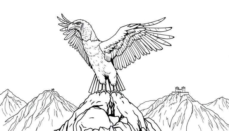 Um desenho a preto e branco de um grifo pousado numa rocha com asas abertas, sobrevoando montanhas com castelos.