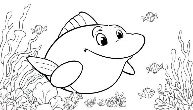 Um desenho em preto e branco de um tubarão amigável com um sorriso, acenando com a barbatana, rodeado por algas e peixinhos. Este color panel é perfeito para colorir.