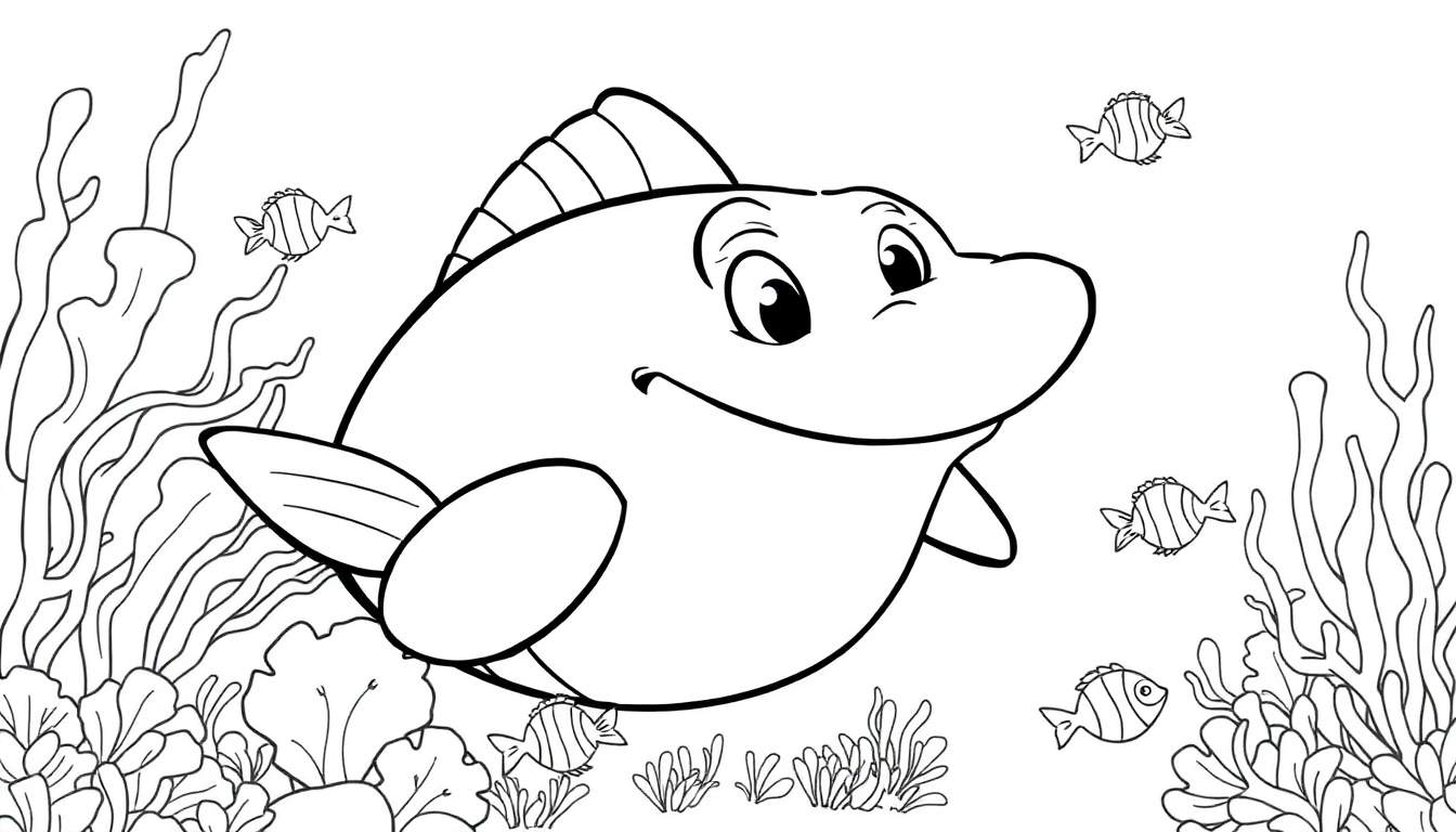 Um desenho em preto e branco de um tubarão amigável com um sorriso, acenando com a barbatana, rodeado por algas e peixinhos. Este color panel é perfeito para colorir.
