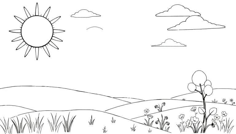 Paisagem de campo ensolarado com sol, nuvens e flores.