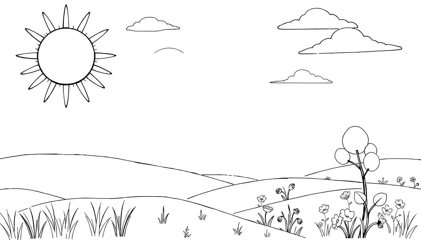 Paisagem de campo ensolarado com sol, nuvens e flores.