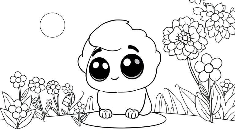 Ilustração em preto e branco de uma página para colorir com um personagem infantil sorridente sentado em uma colina cercada por flores, com um círculo no canto superior esquerdo. color panel.