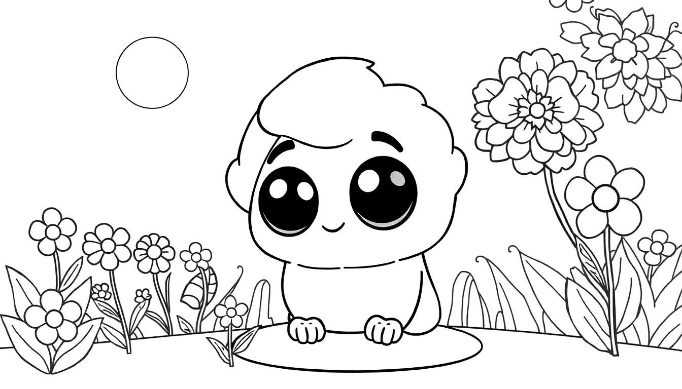 Ilustração em preto e branco de uma página para colorir com um personagem infantil sorridente sentado em uma colina cercada por flores, com um círculo no canto superior esquerdo. color panel.