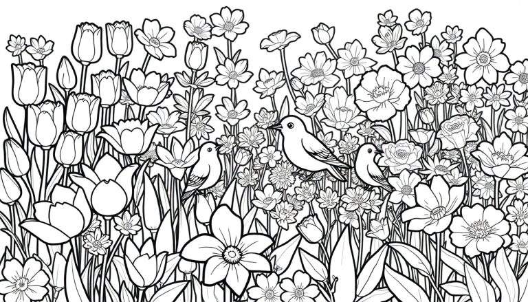 Um campo de flores em preto e branco, como em um color panel, com três passarinhos e muitos detalhes de flores.
