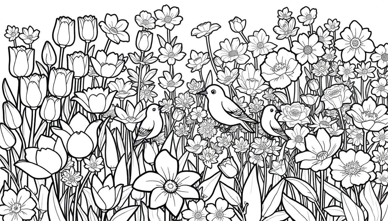 Um campo de flores em preto e branco, como em um color panel, com três passarinhos e muitos detalhes de flores.