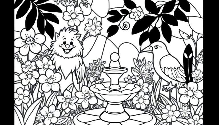 Um desenho de um jardim em preto e branco, com uma fonte, flores e animais sorrindo, pronto para ser colorido. O color panel está completo com todos os elementos.