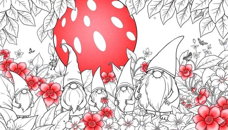 Cinco gnomos adoráveis ​​com chapéus pontudos e barbas em um jardim vibrante, rodeados por flores vermelhas e brancas, um cogumelo gigante e borboletas. Um color panel para pintar com a imaginação.