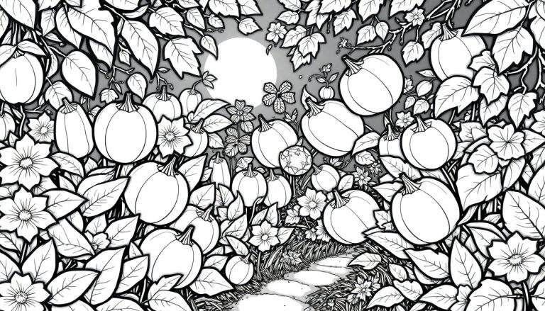 Ilustração em preto e branco de uma floresta com abóboras e uma lua grande no céu. O color panel é focado em tons de cinza e preto.