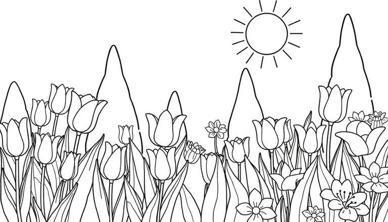 Página de colorir com um sol sorridente, montanhas e um campo de tulipas e outras flores.