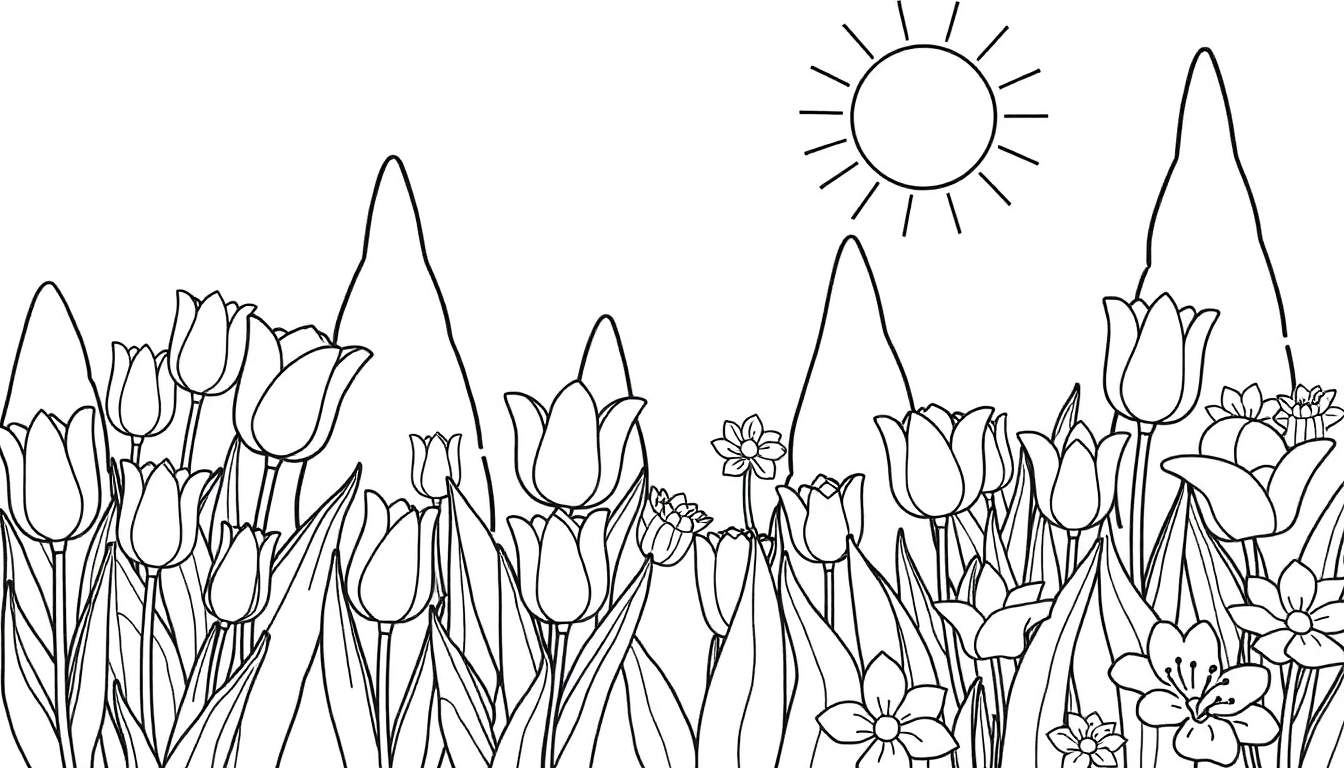 Página de colorir com um sol sorridente, montanhas e um campo de tulipas e outras flores.