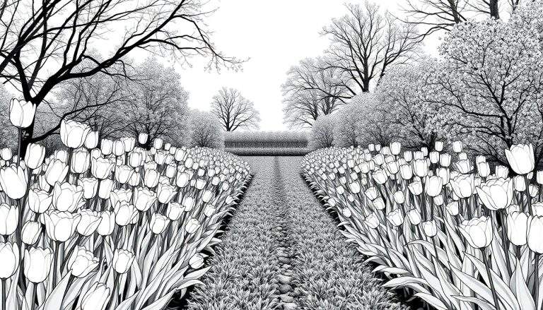 Um caminho de pedras e grama leva a um campo de tulipas em preto e branco, com árvores nuas nas bordas e um céu claro.