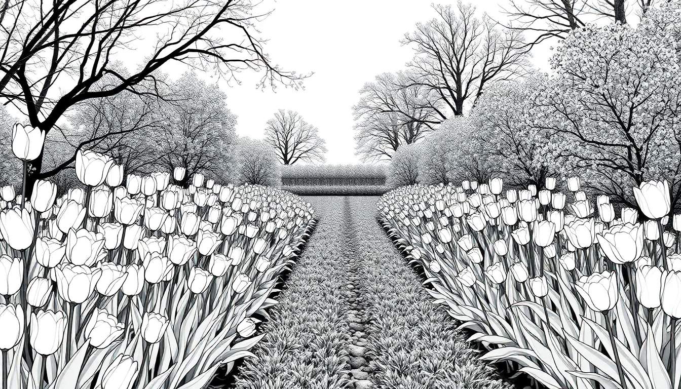 Um caminho de pedras e grama leva a um campo de tulipas em preto e branco, com árvores nuas nas bordas e um céu claro.