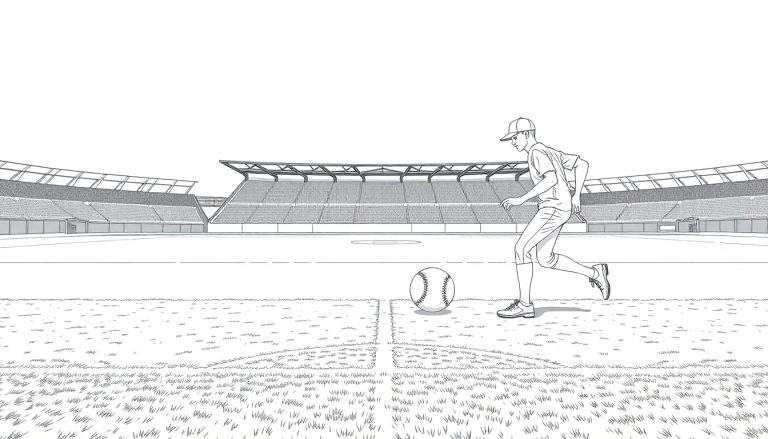 Jogador de beisebol correndo em direção a uma bola, com um estádio ao fundo.