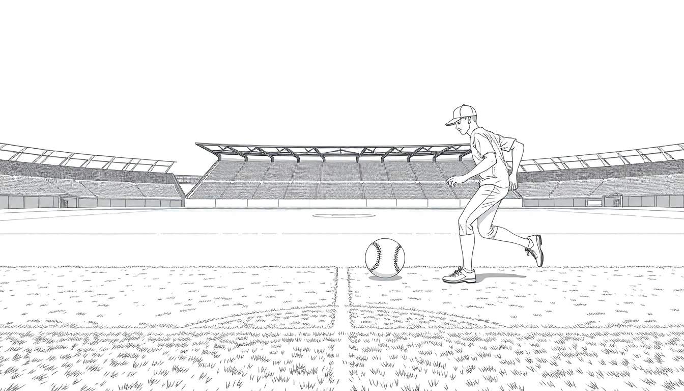 Jogador de beisebol correndo em direção a uma bola, com um estádio ao fundo.
