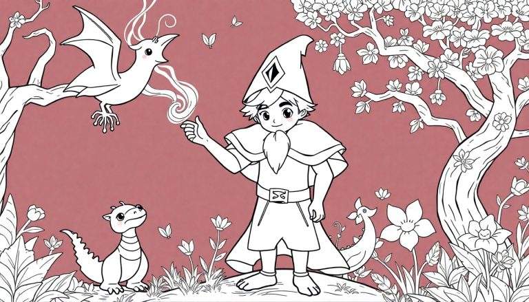 Desenho de um jovem feiticeiro com barba, chapéu pontudo e capa, lançando um feitiço em uma floresta mágica. Um pequeno dragão está a seu lado e um pássaro com fumaça voa acima. Um color panel vibrante realça a cena.