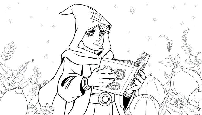 Um jovem mago de contorno lendo um livro de feitiços sob um céu estrelado, com vegetação e frutas redondas ao redor. Estilo de livro para colorir.