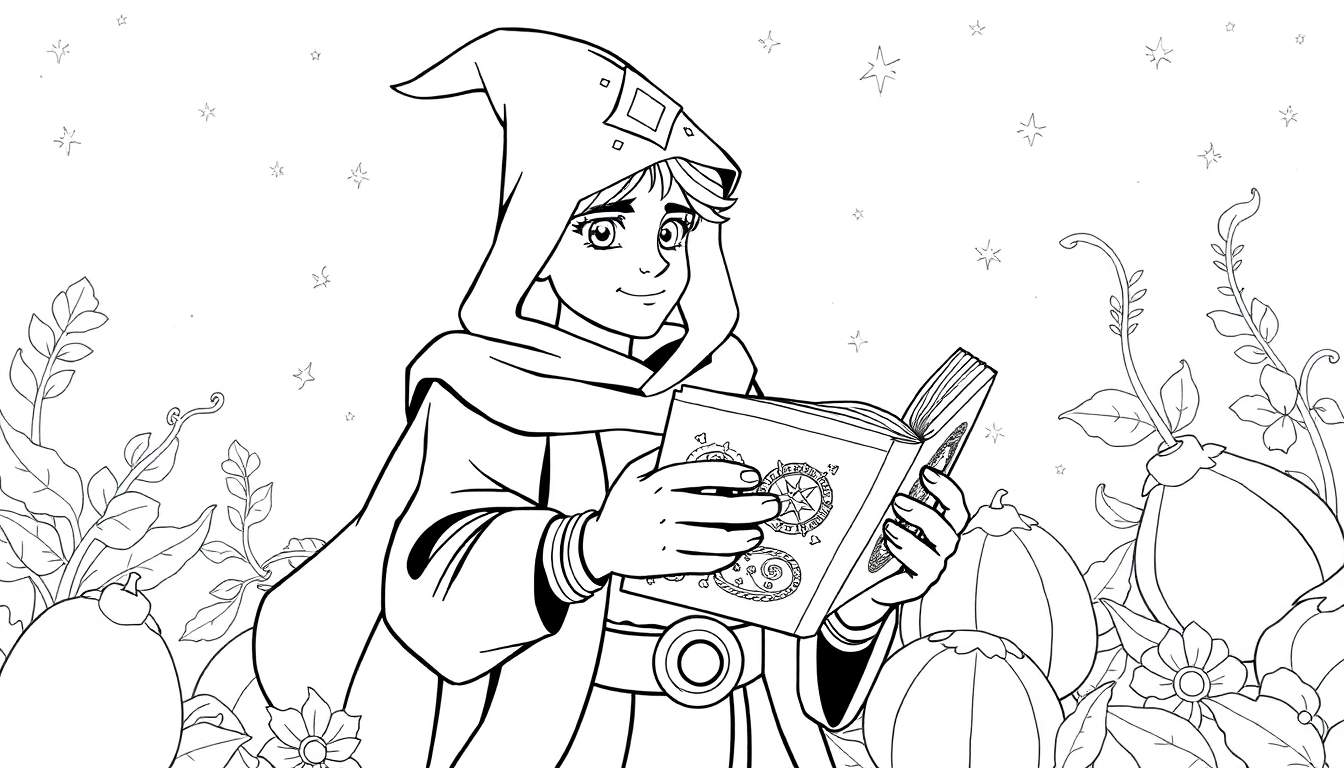 Um jovem mago de contorno lendo um livro de feitiços sob um céu estrelado, com vegetação e frutas redondas ao redor. Estilo de livro para colorir.