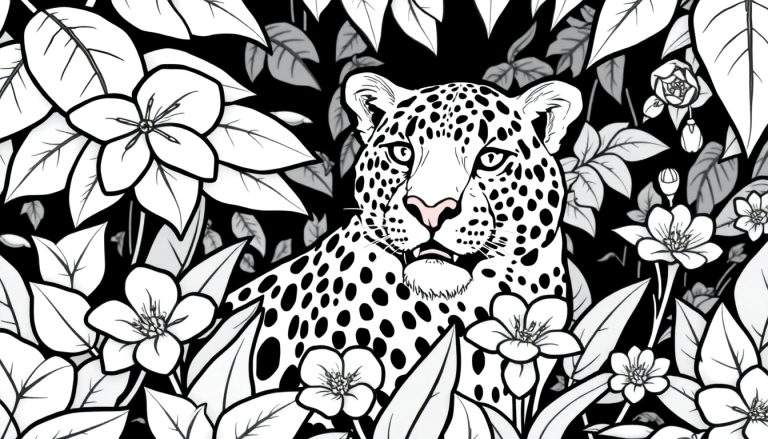 Um leopardo preto e branco curioso escondido em um color panel de folhagens verdes e flores coloridas.