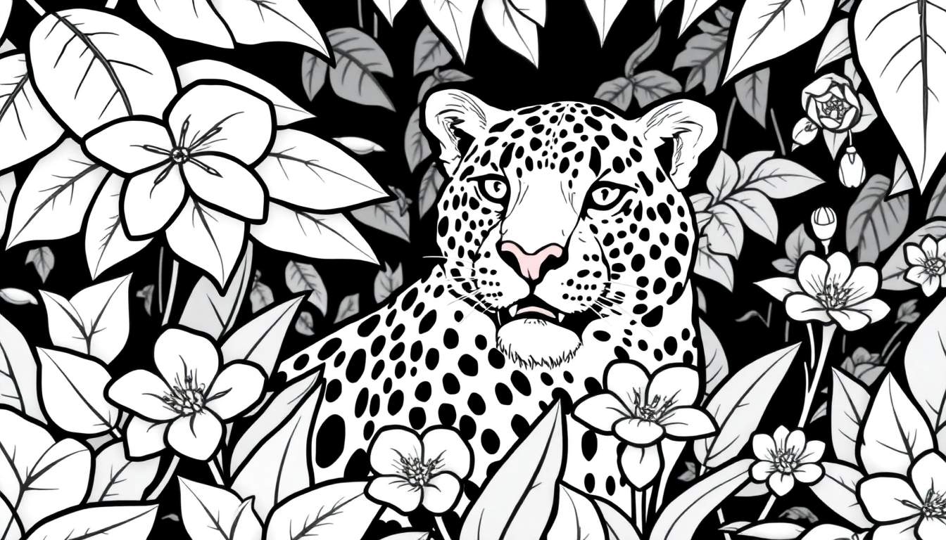 Um leopardo preto e branco curioso escondido em um color panel de folhagens verdes e flores coloridas.