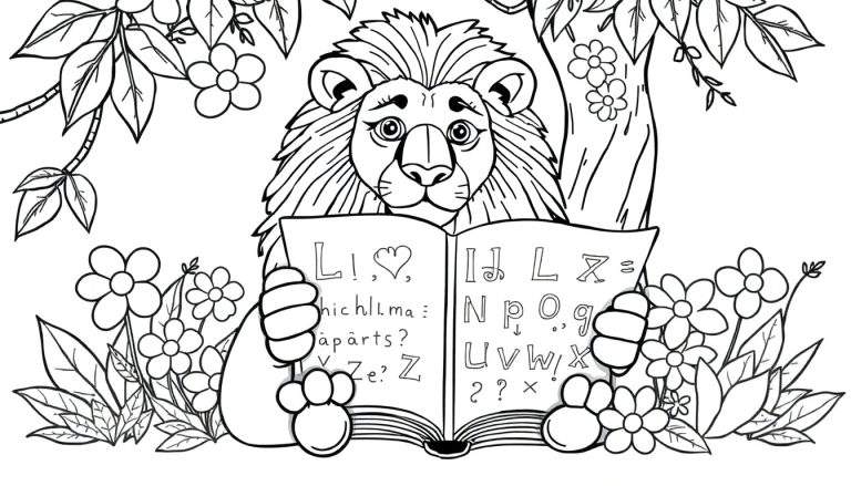 Desenho de linha em preto e branco de um leão fofo segurando um livro aberto com o alfabeto, cercado por galhos e flores, estilo livro para colorir.