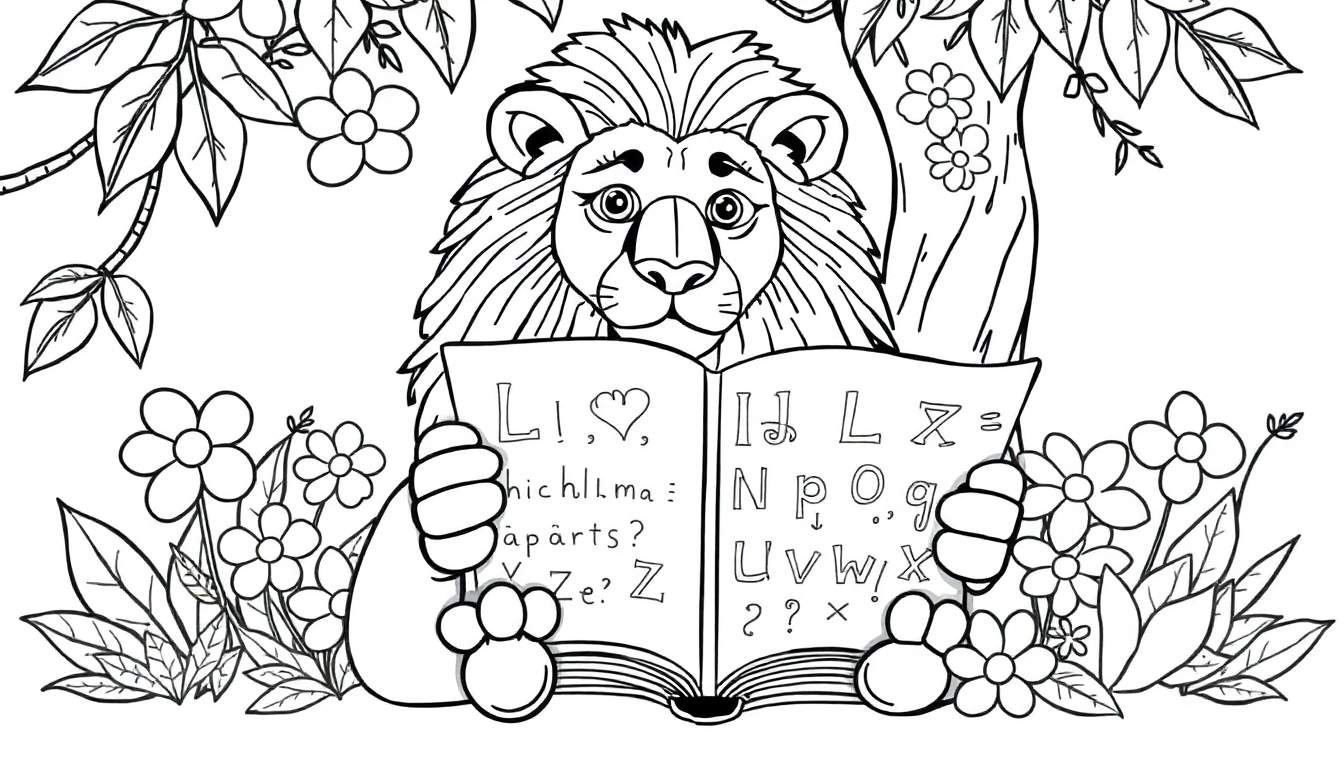 Desenho de linha em preto e branco de um leão fofo segurando um livro aberto com o alfabeto, cercado por galhos e flores, estilo livro para colorir.
