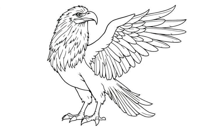 Desenho em linha de um grifo com corpo de leão e cabeça e asas de águia, em pose de pé.