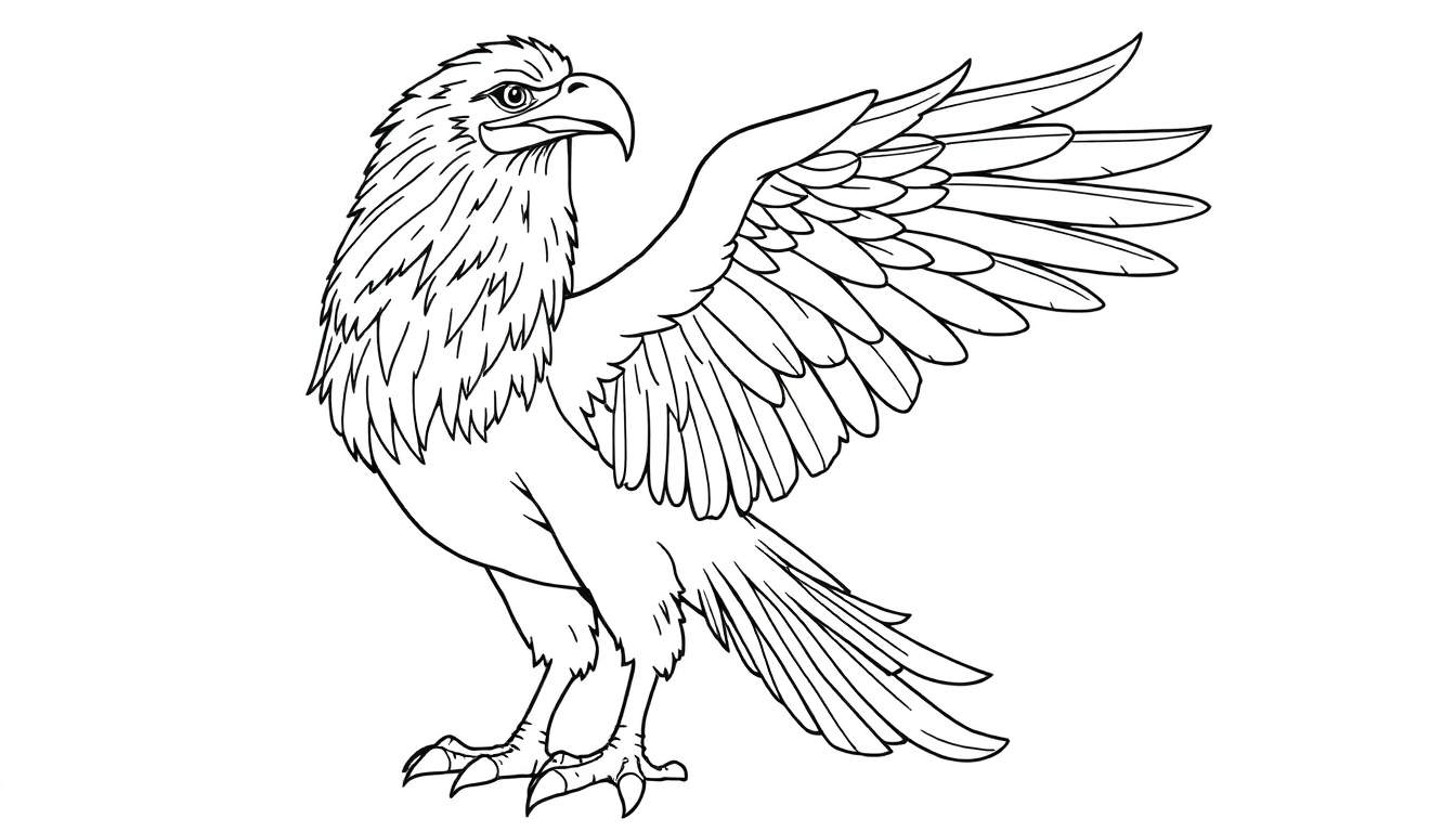 Desenho em linha de um grifo com corpo de leão e cabeça e asas de águia, em pose de pé.