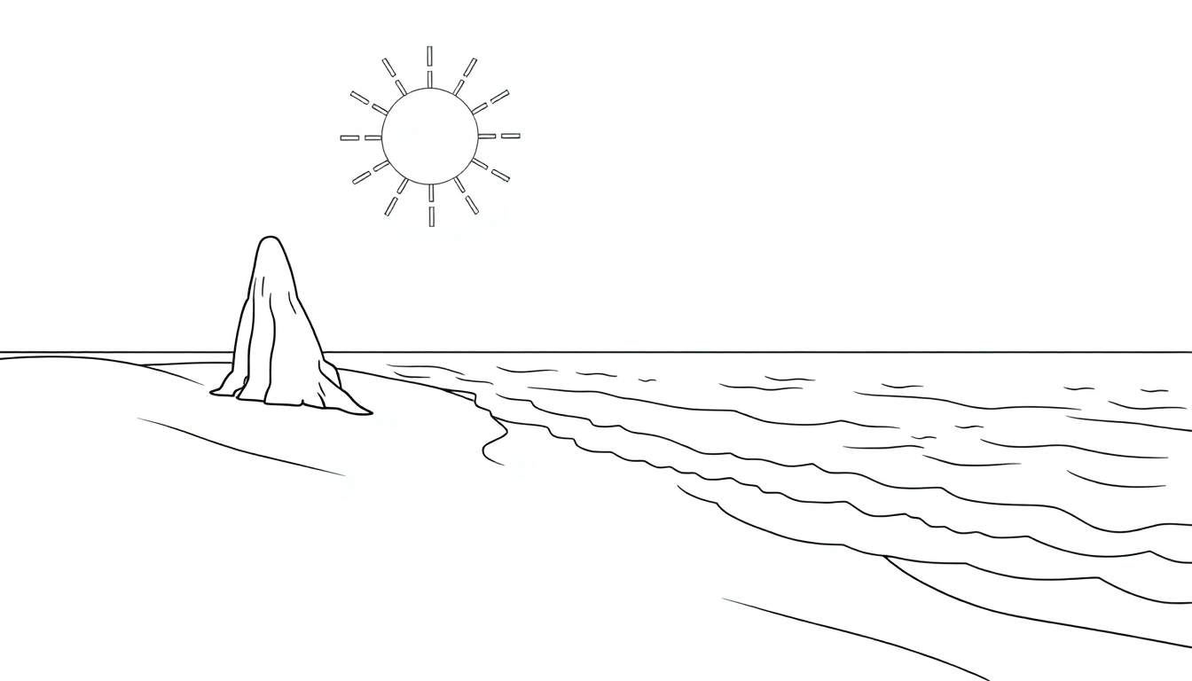Praia em preto e branco com rocha coberta e sol radiante.