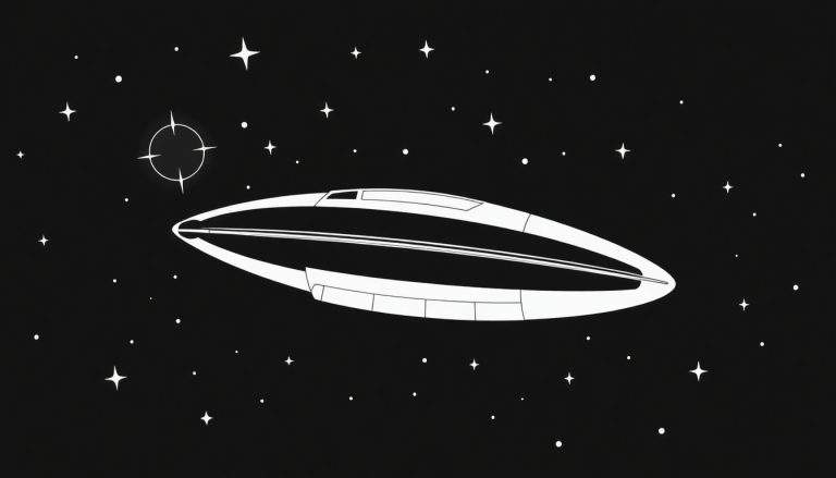 Ilustração minimalista em preto e branco de um OVNI com formato aerodinâmico viajando entre estrelas. O OVNI tem uma forma alongada com pontas arredondadas, posicionado centralmente contra um fundo preto pontilhado de estrelas brancas de vários tamanhos e formatos, incluindo uma estrela maior com um círculo ao redor no canto superior esquerdo. O estilo é moderno e de ficção científica, com um color panel que enfatiza o mistério.