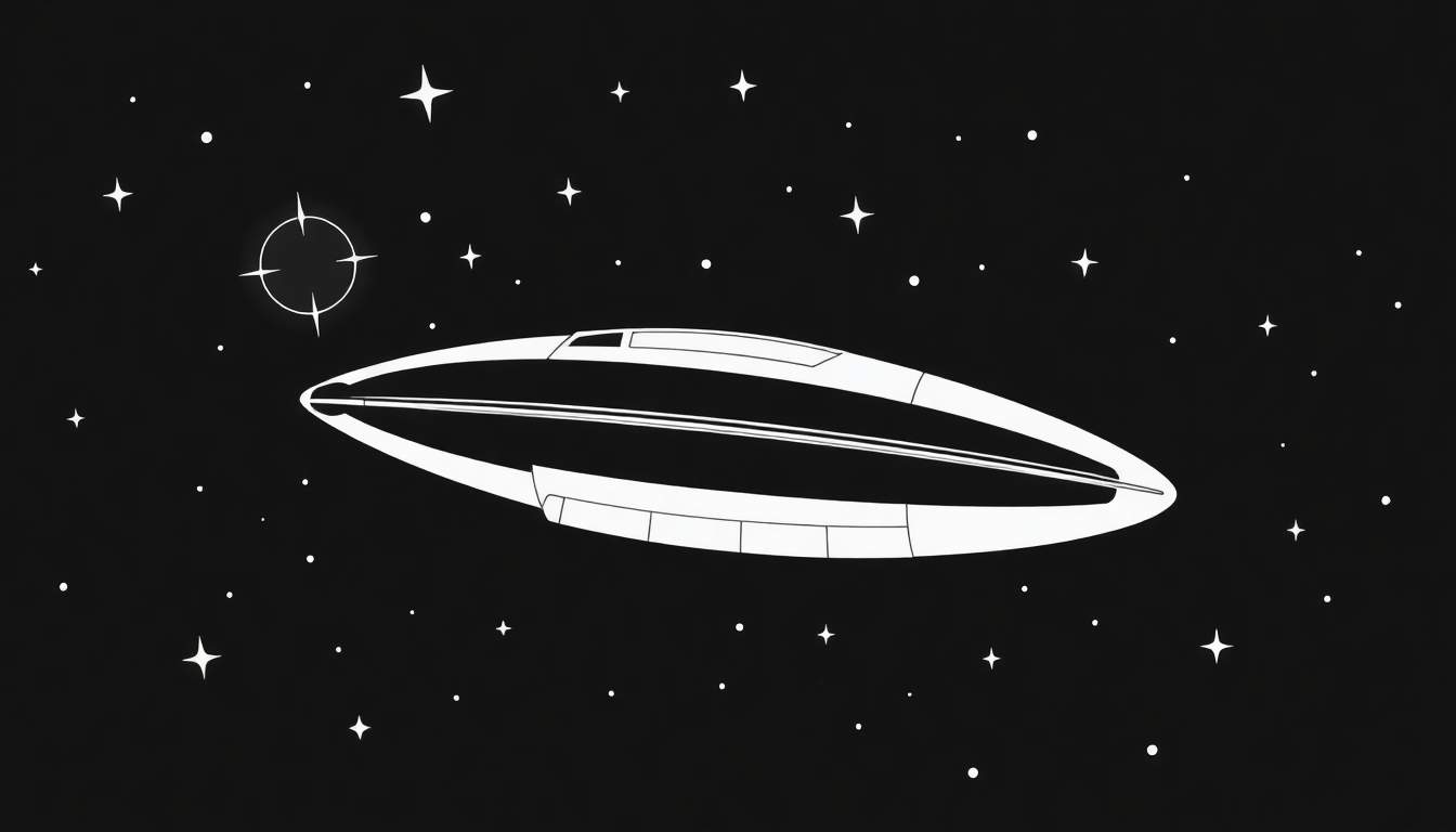 Ilustração minimalista em preto e branco de um OVNI com formato aerodinâmico viajando entre estrelas. O OVNI tem uma forma alongada com pontas arredondadas, posicionado centralmente contra um fundo preto pontilhado de estrelas brancas de vários tamanhos e formatos, incluindo uma estrela maior com um círculo ao redor no canto superior esquerdo. O estilo é moderno e de ficção científica, com um color panel que enfatiza o mistério.