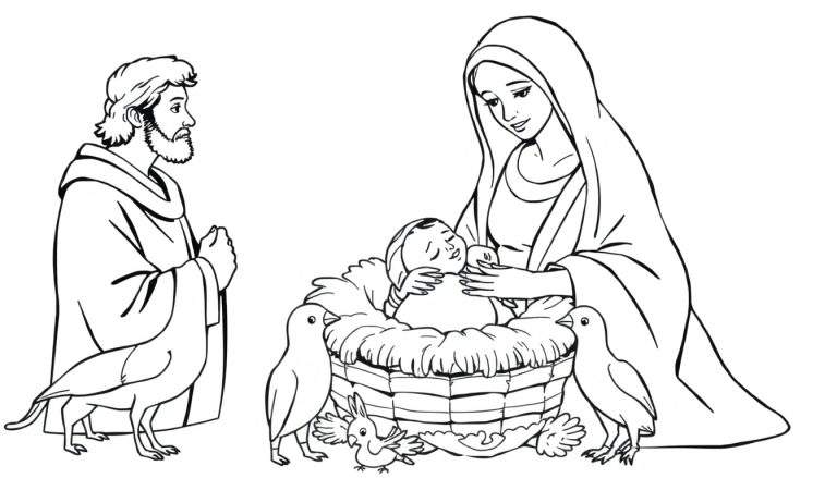 Um desenho de presépio em preto e branco com Maria, José e o bebê Jesus na manjedoura, com pássaros ao redor. Ideal para um color panel.