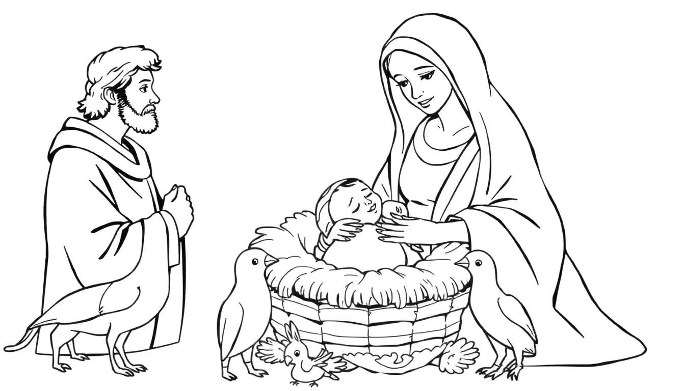 Um desenho de presépio em preto e branco com Maria, José e o bebê Jesus na manjedoura, com pássaros ao redor. Ideal para um color panel.