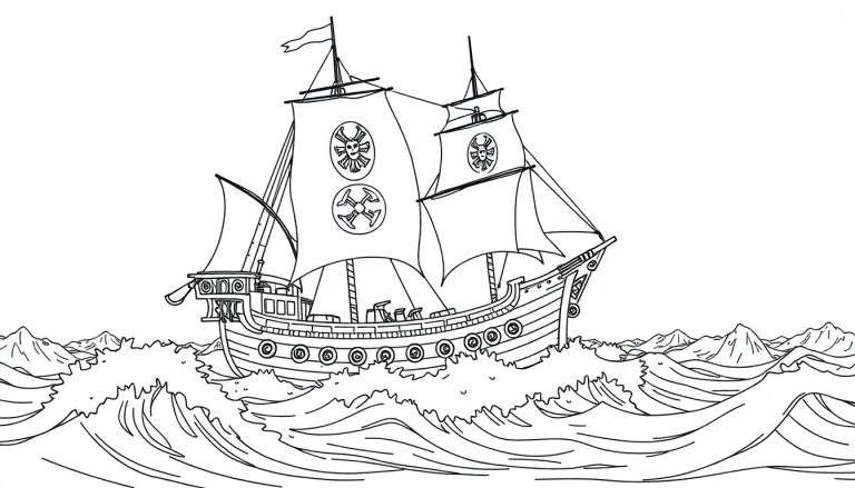 Um navio pirata com duas velas, navegando em um mar revolto com montanhas ao fundo.