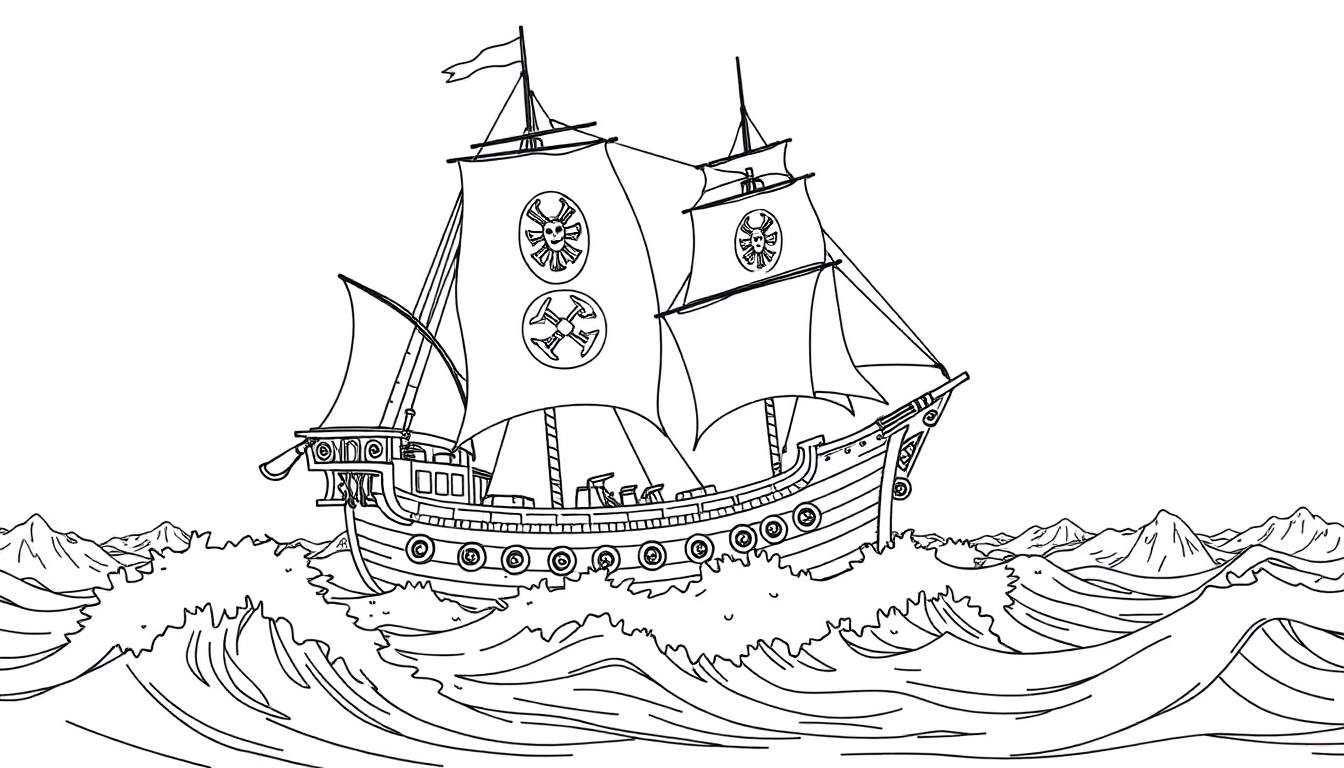 Um navio pirata com duas velas, navegando em um mar revolto com montanhas ao fundo.