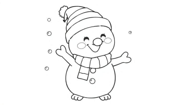 Boneco de neve sorridente com gorro e cachecol listrados, com flocos de neve ao redor.