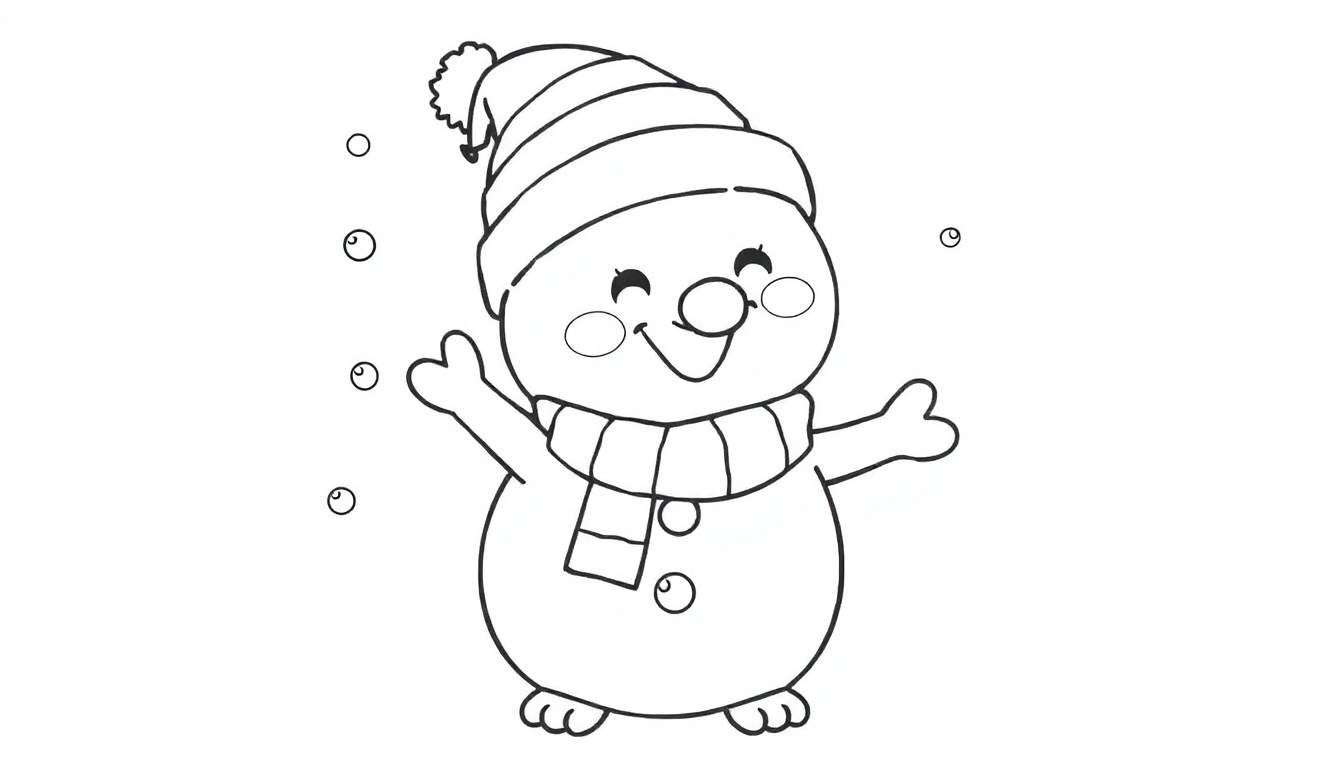 Boneco de neve sorridente com gorro e cachecol listrados, com flocos de neve ao redor.