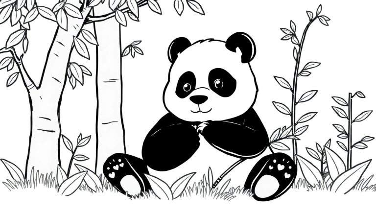 Um desenho em preto e branco de um panda fofo sentado na grama, cercado por bambus. Este color panel mostra o panda com manchas pretas nos olhos e orelhas, e patas com pequenos corações. O fundo detalhado com grama, folhas e galhos cria um cenário adorável e natural.