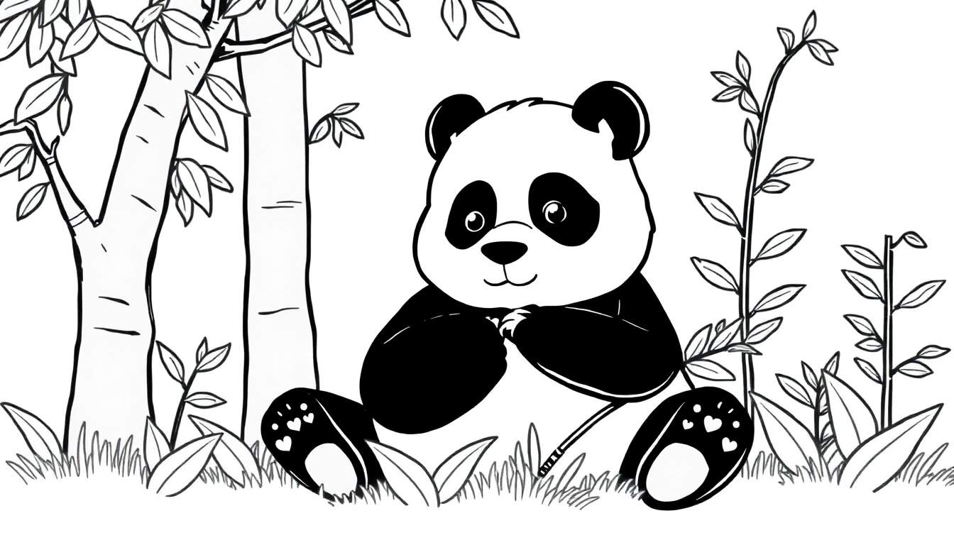 Um desenho em preto e branco de um panda fofo sentado na grama, cercado por bambus. Este color panel mostra o panda com manchas pretas nos olhos e orelhas, e patas com pequenos corações. O fundo detalhado com grama, folhas e galhos cria um cenário adorável e natural.