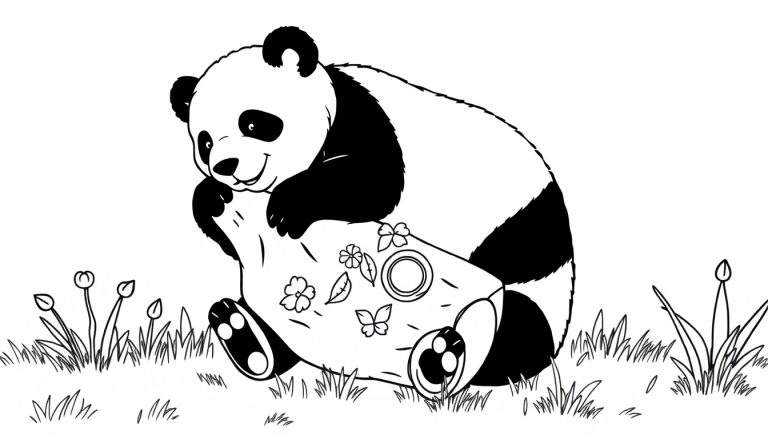 Um panda sorridente em preto e branco, sentado num tronco com flores desenhadas, num campo verde.