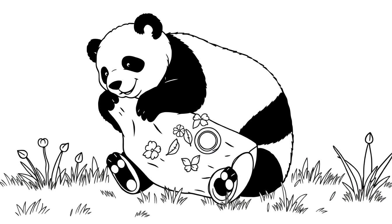 Um panda sorridente em preto e branco, sentado num tronco com flores desenhadas, num campo verde.