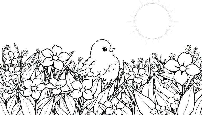 Um filhote de pássaro em um campo florido, para colorir.