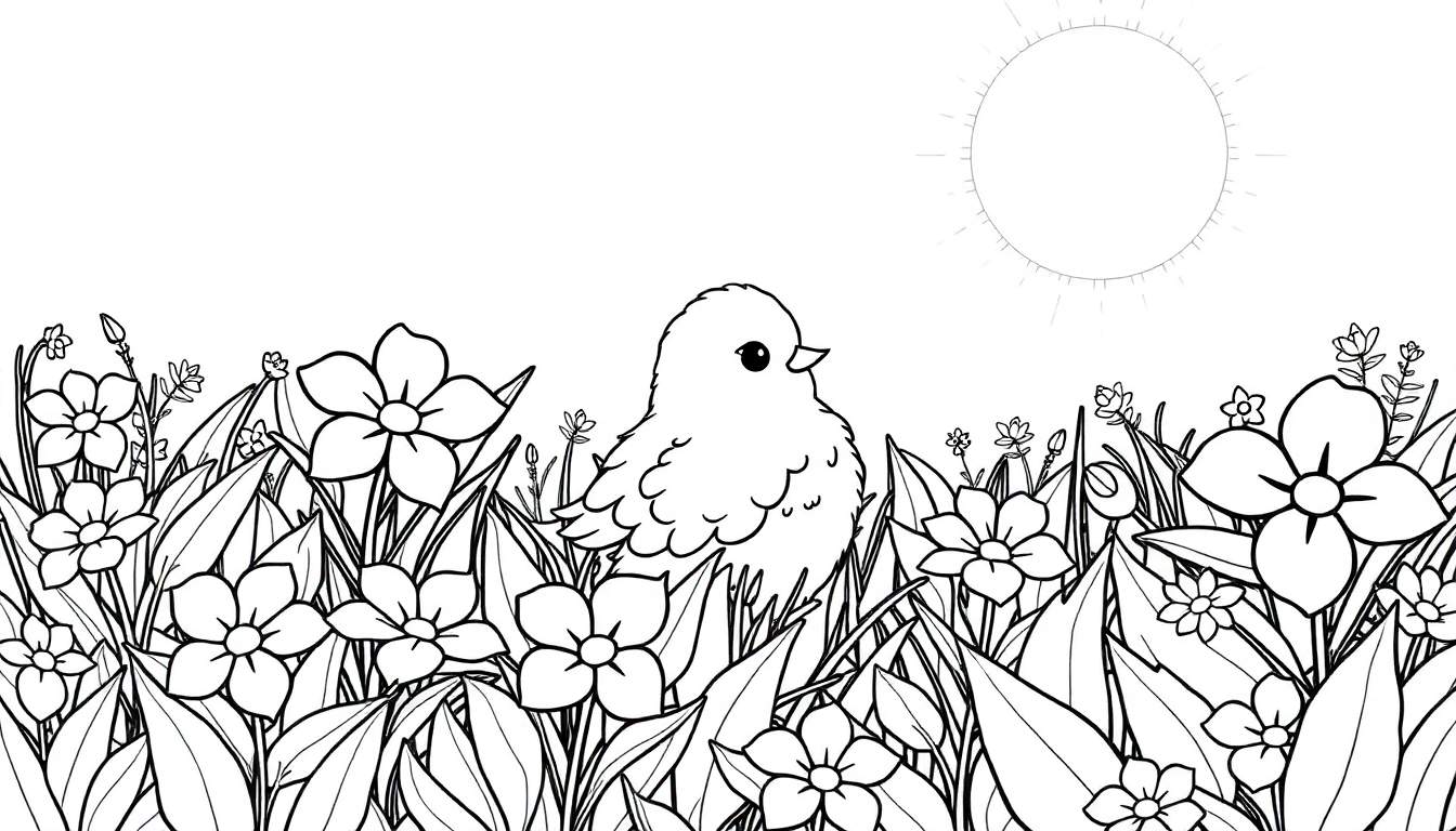 Um filhote de pássaro em um campo florido, para colorir.