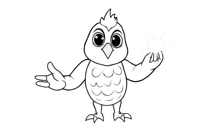 Um passarinho fofo de desenho animado em preto e branco com as asas abertas, segurando uma estrela brilhante.