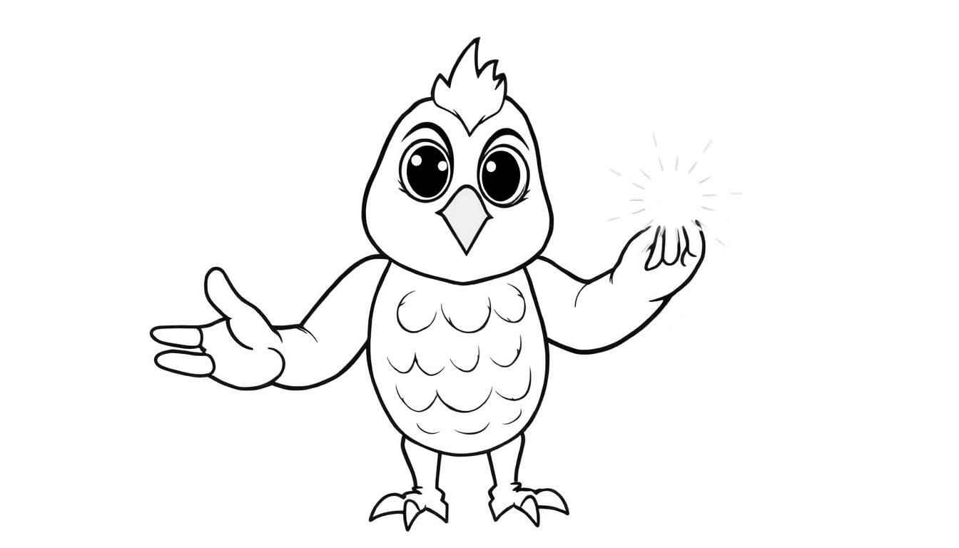 Um passarinho fofo de desenho animado em preto e branco com as asas abertas, segurando uma estrela brilhante.